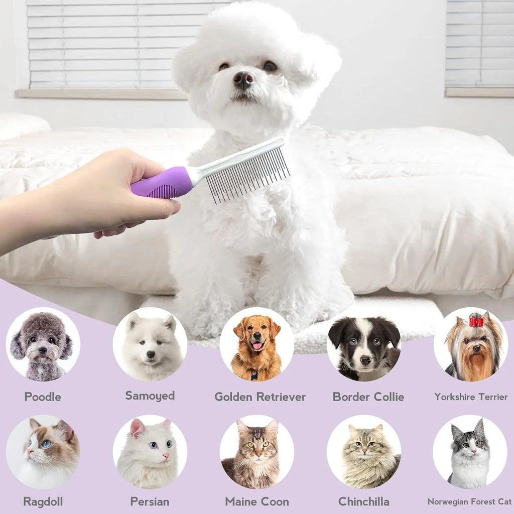 Purple pet detangling comb with stainless steel teeth for cat and dog grooming