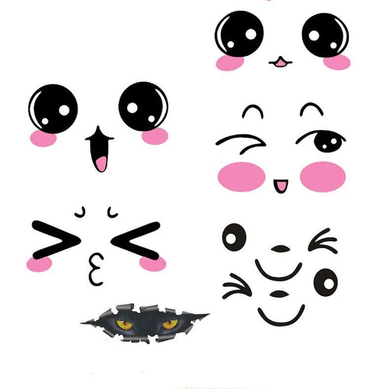 Pair of reflective cartoon eyes car stickers on a white background, showing adhesive backing.