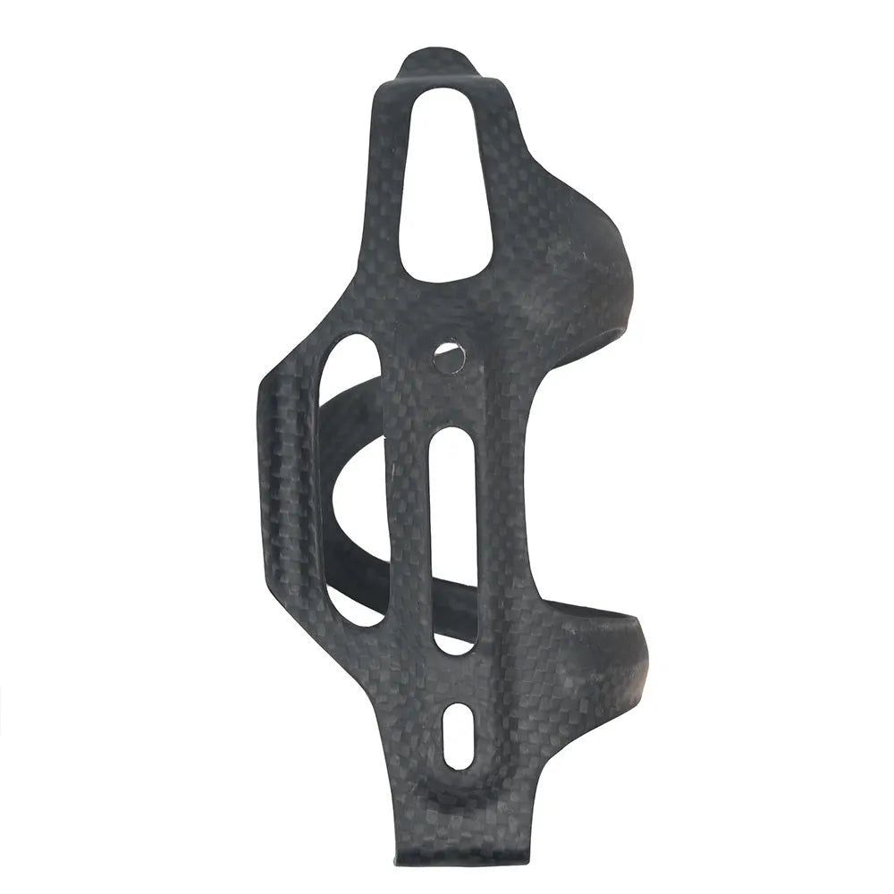 Black all-carbon fibre side-pull bicycle water bottle cage with 65mm mounting holes.