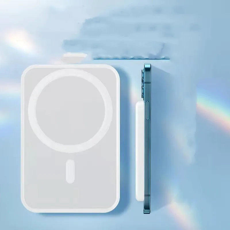 White magnetic wireless charger power bank with 5000mAh capacity measuring 100mm x 65mm