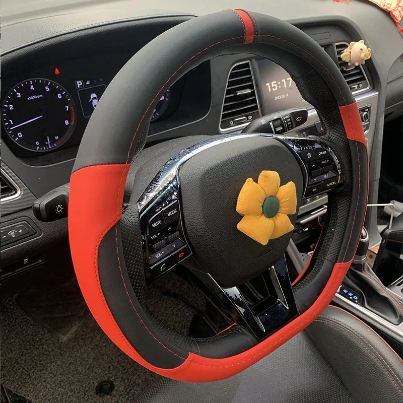 Universal leather steering wheel cover for 38cm wheels in multiple colour options