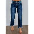 Women's solid blue casual denim trousers with a hand-worn finish on a hanger.