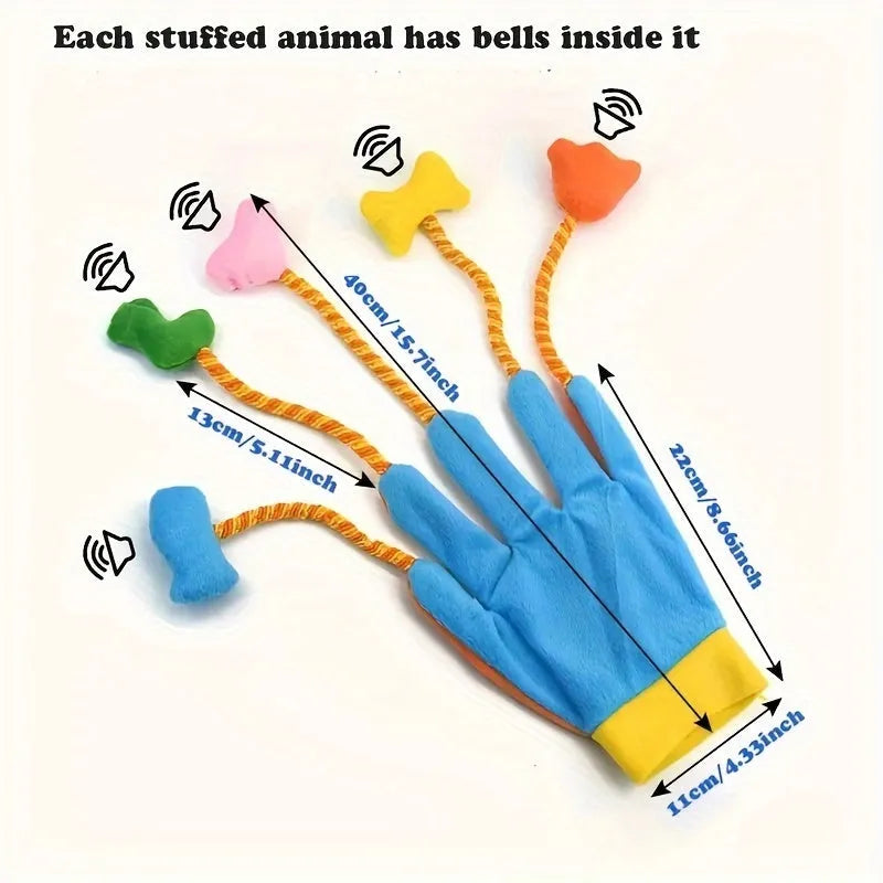 Yellow and blue plush magic glove pet toy with bell for cats, shown at 40 cm length.