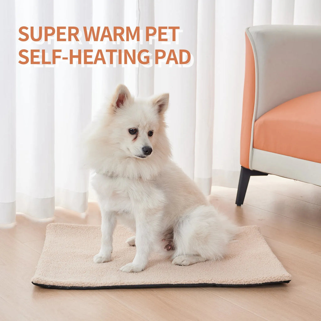 Grey self-heating pet pad for cats on floor next to measuring tape showing 95cm length