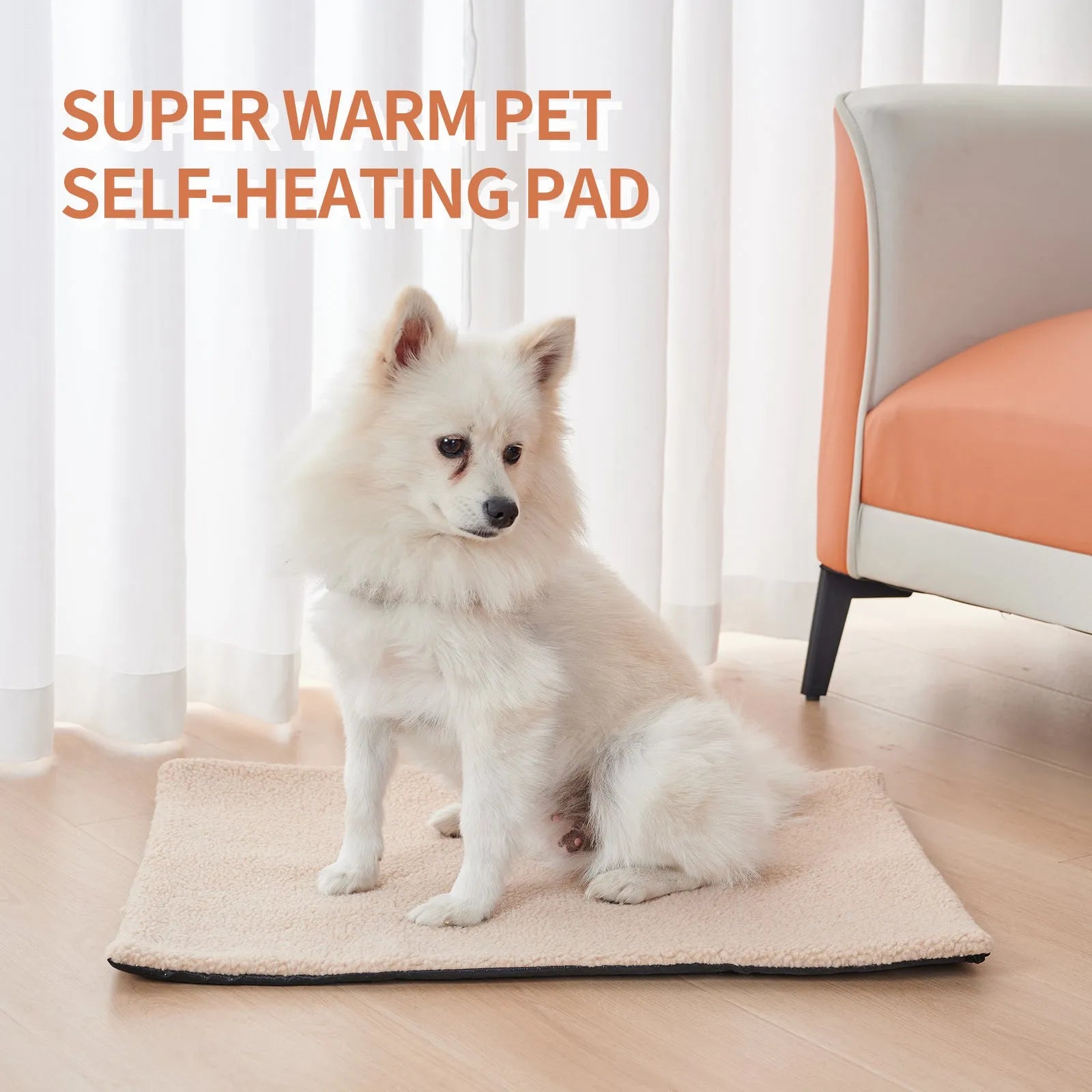 Grey self-heating pet pad for cats on floor next to measuring tape showing 95cm length