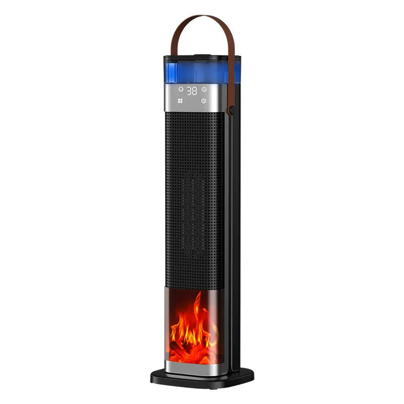 Tall white tower heater with remote control displaying humidification function and voice command capabilities