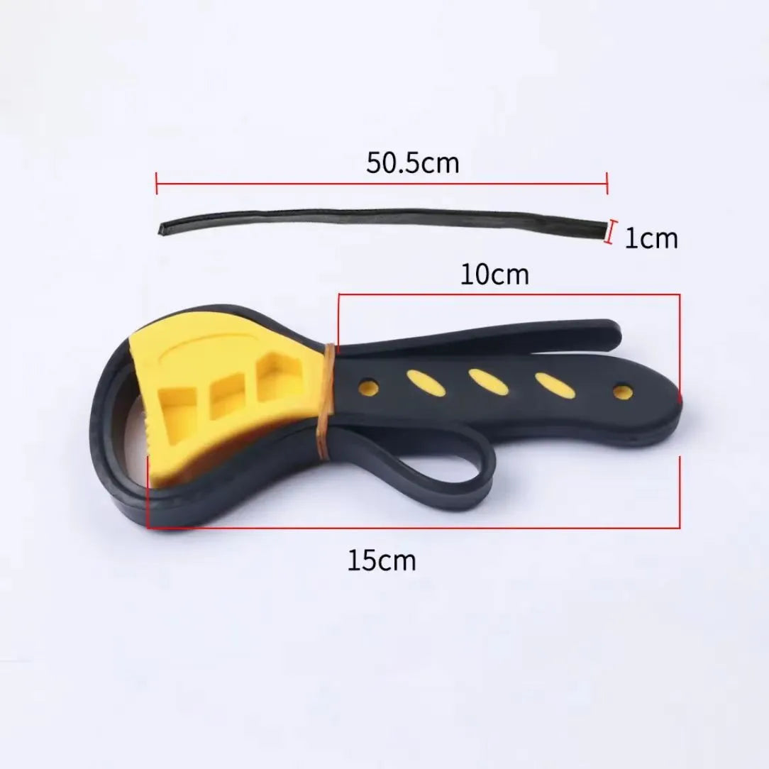 A set of two adjustable strap wrenches, one 6-inch and one 8-inch, made of black plastic and rubber with a phosphated metal handle.