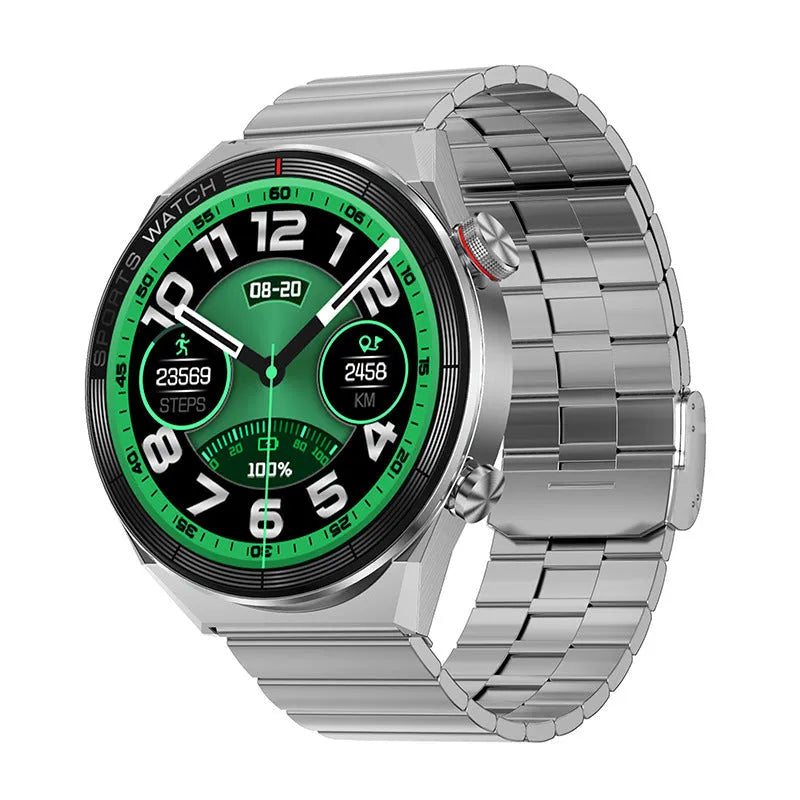 Black steel smart watch with TFT screen showing heart rate and time on wrist