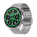 Black steel smart watch with TFT screen showing heart rate and time on wrist
