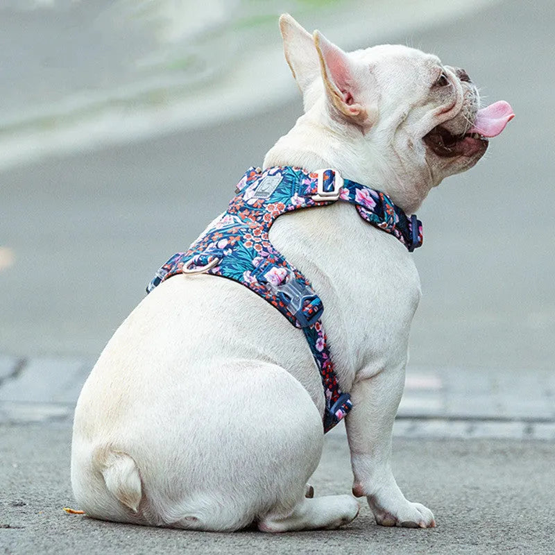 Floral pattern dog harness with chest strap design in pure cotton fabric
