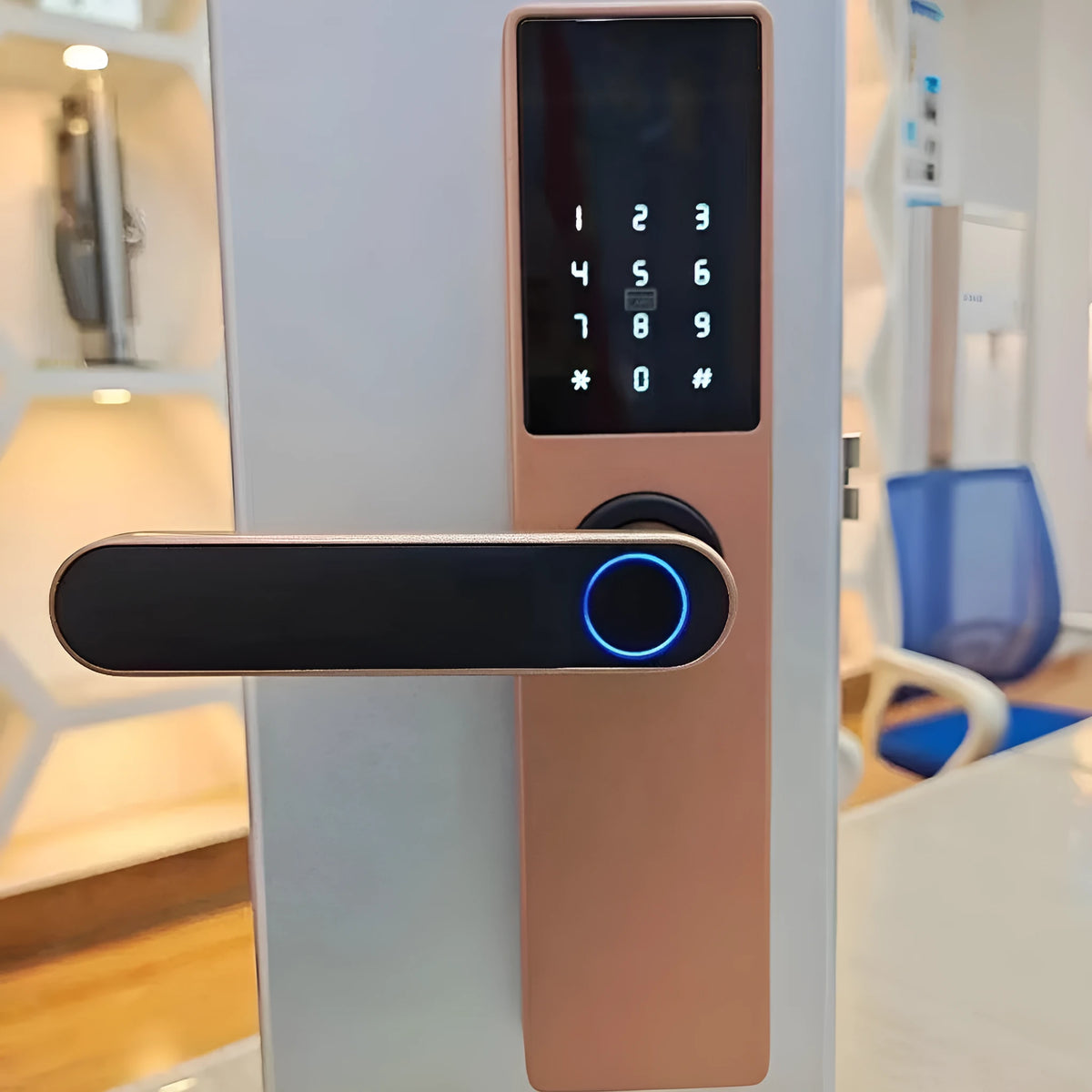 Alloy wooden door fingerprint lock in black finish with fingerprint scanner area visible