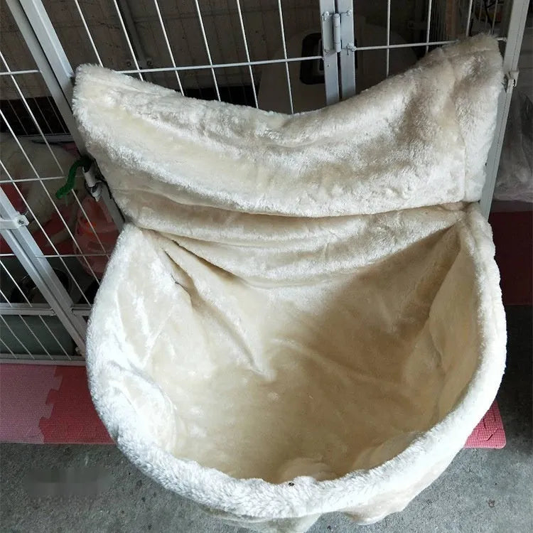 Grey iron frame cat hammock with soft fleece fabric, mounted inside a metal pet cage.