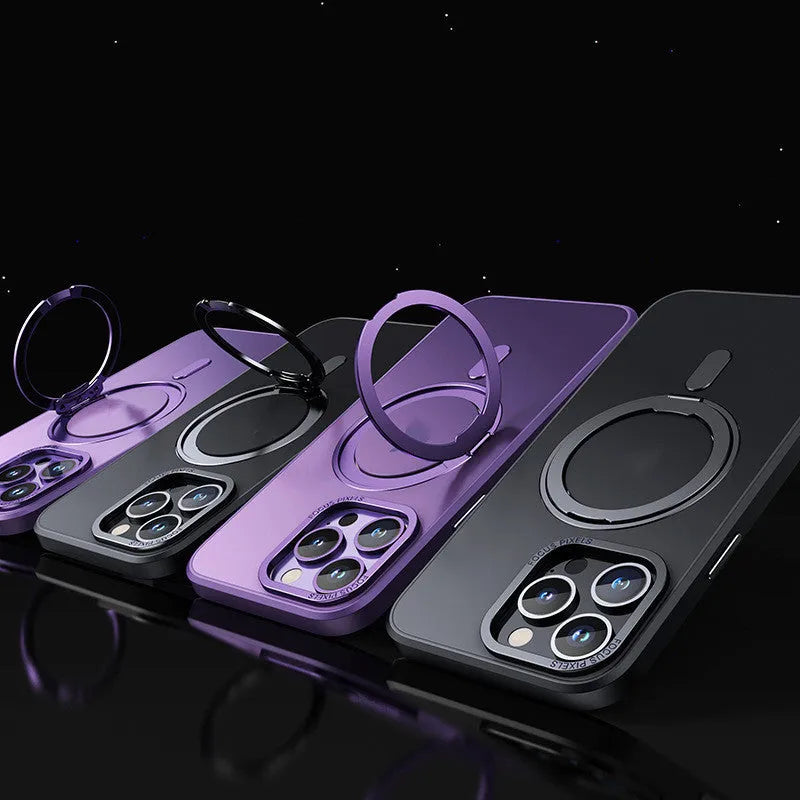 Transparent magnetic iPhone case with aluminium bracket shown on an iPhone 15.