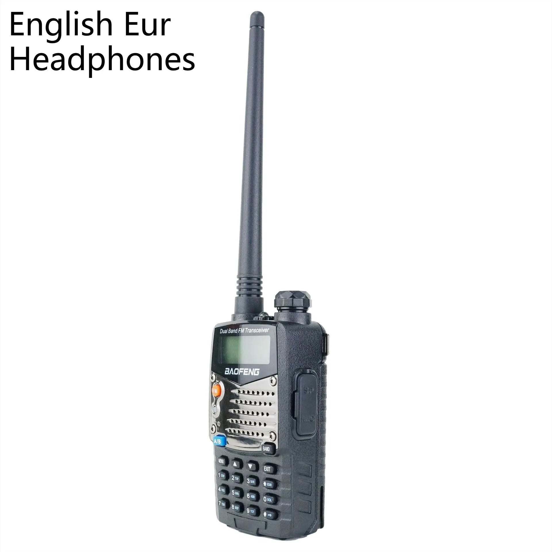 Baofeng UV-5RA black dual band walkie-talkie with dual display and antenna.