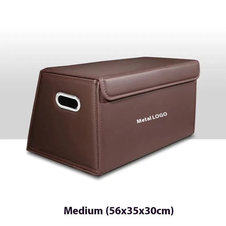 Folding waterproof leather car trunk storage organiser in black medium size on a boot floor