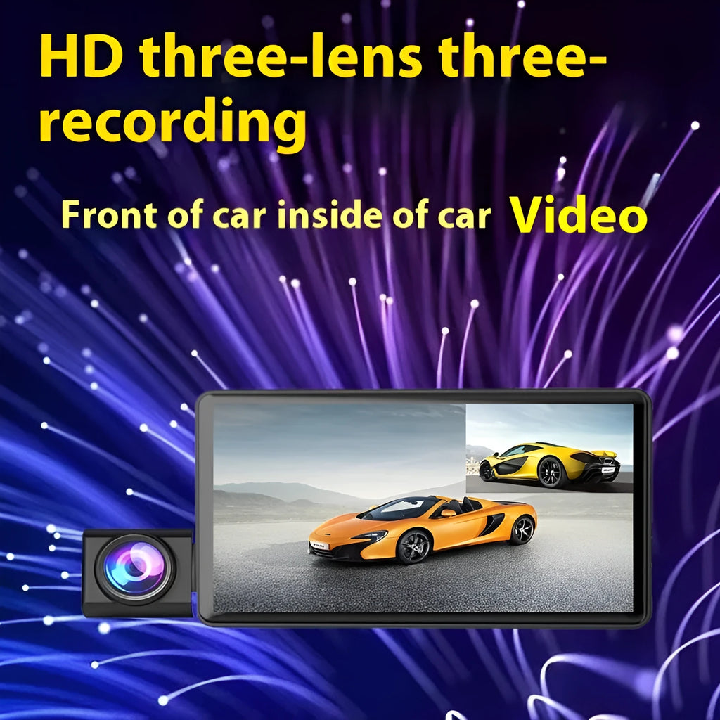 Black three-lens dash cam with 4-inch touchscreen display for front and rear vehicle recording
