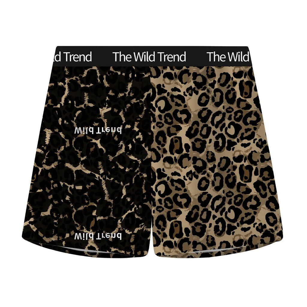 Men's leopard print shorts in ice silk polyester fabric with mid waist and quick-drying properties