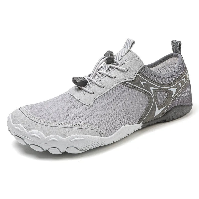 Five finger non-slip upstream shoes in army green colour with lycra upper and rubber sole for hiking and wading.
