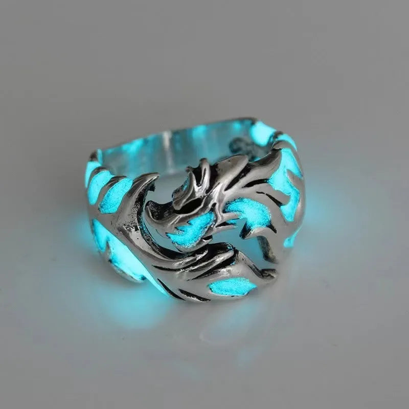 Adjustable Chinese dragon ring with luminous pattern in antique silver blue and green colour