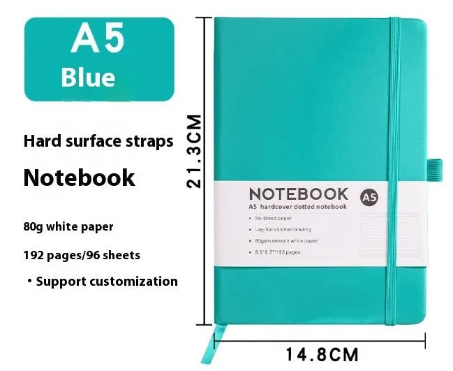 A5 diary with soft PU leather cover in a skin feeling texture, open to show horizontal line pages.