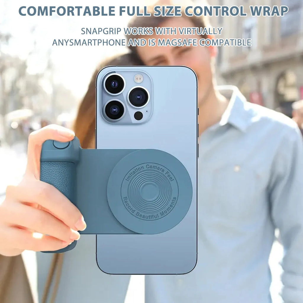 Black magnetic camera handle bracket holding smartphone with rotatable design and ergonomic grip