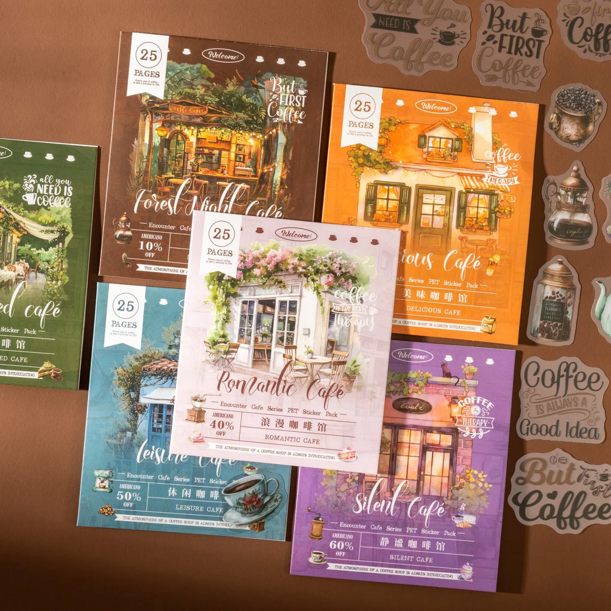 Encounter Cafe Series hand account sticker package with retro cafe designs in multiple colour options including Mori Night Cafe and Green Cafe.