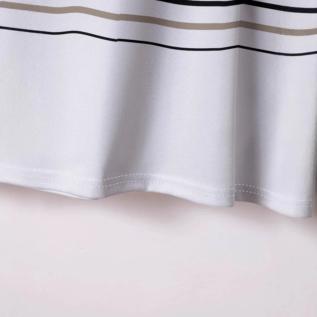 White striped men's short sleeve T-shirt on hanger showing slim fit design