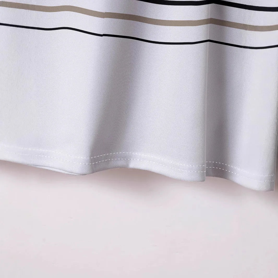 White striped men's short sleeve T-shirt on hanger showing slim fit design