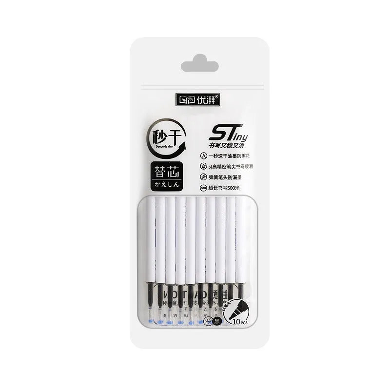 Pack of 10 quick-drying ballpoint pen refills in black, blue, red, and ink blue colours