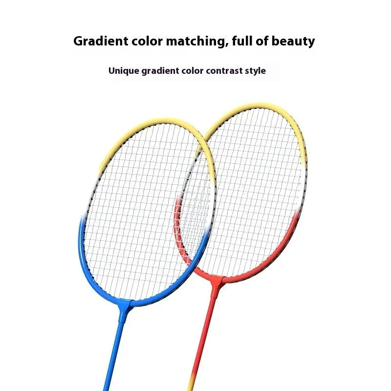 A pair of blue and red lightweight alloy badminton rackets with a split-frame design.