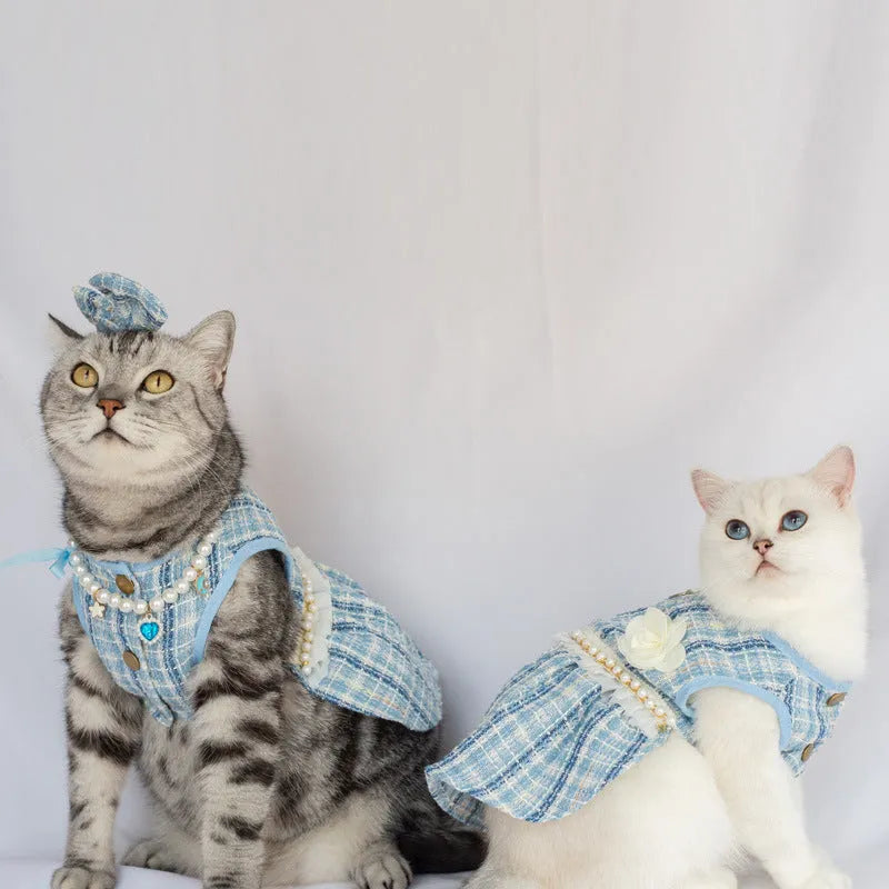 Blue pet skirt with matching headdress and necklace set on a cat, polyester fabric, classic style
