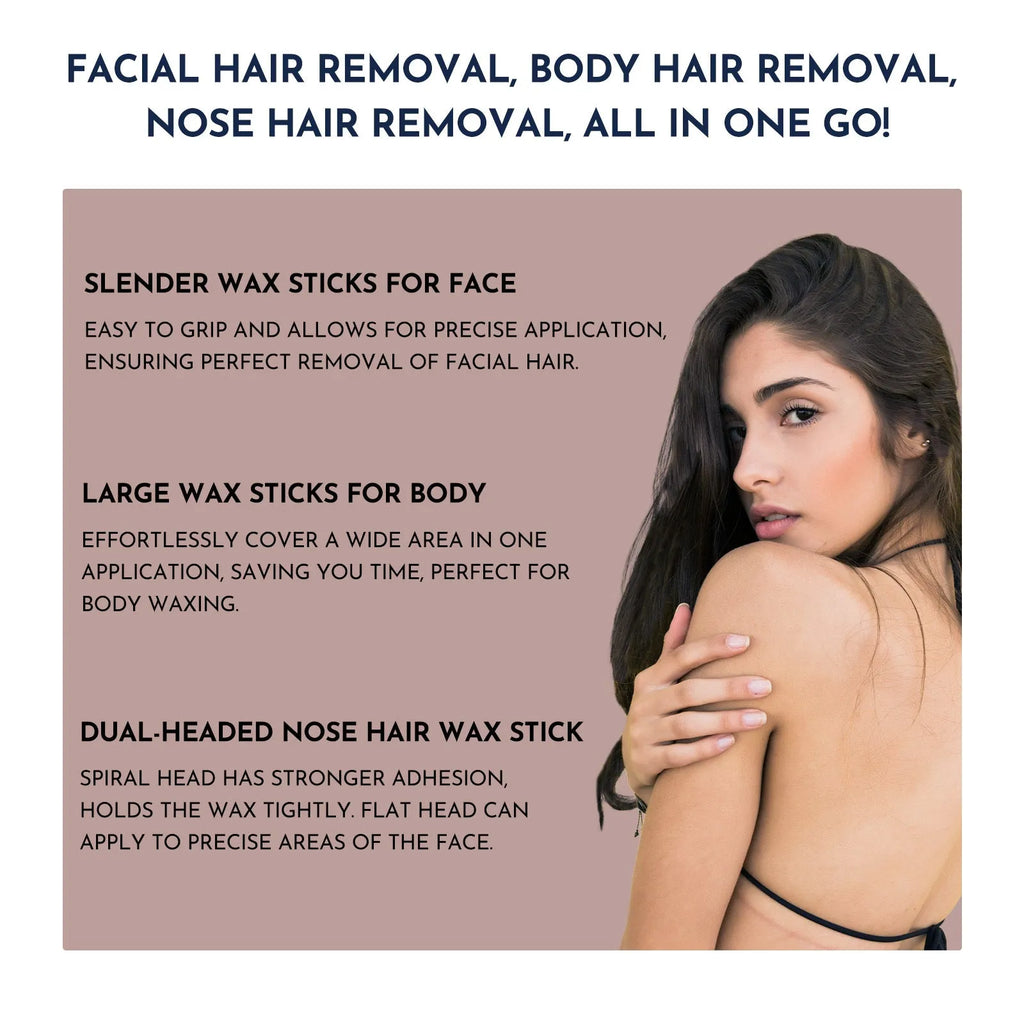 Professional waxing kit with hard wax beans, warmer, lotion, ice masks and applicators for face, body and nose.