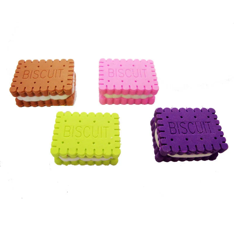 Sandwich biscuit shaped novelty eraser in brown, pink, green, and purple colour options