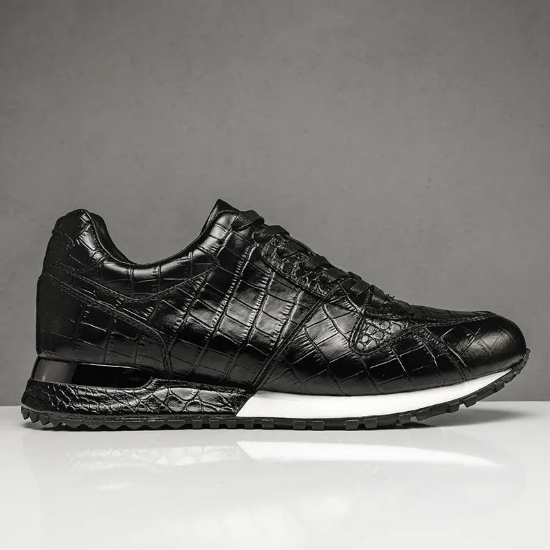 Crocodile pattern elevated leather shoes for men, wedge heel, sheepskin lining, black colour