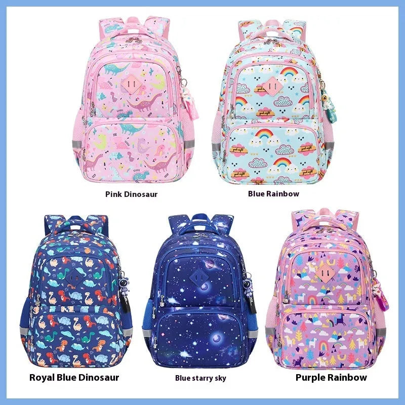 Children's Oxford cloth school backpack in a dinosaur pattern, showing curved straps and spine protection design.
