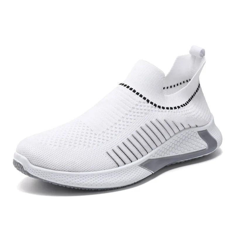 Men's black and white striped mesh sock running shoes with lace-up front