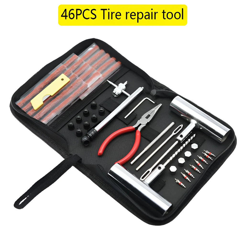 Quick First Aid cloth bag containing a 43-piece steel tyre repair tool kit for bicycles and motorbikes.