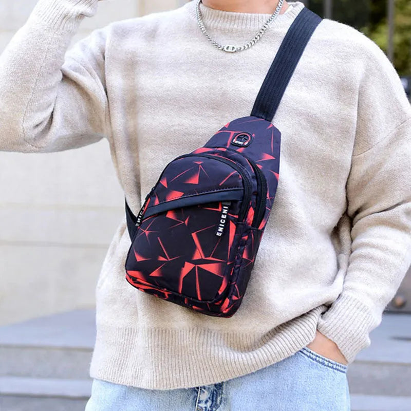 Blue Oxford cloth crossbody chest bag for men with an earphone hole and zipper.