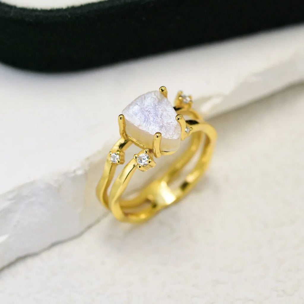 S925 silver geometric ring with an irregular triangle shape and moonstone setting in rose gold, white, or yellow gold colour.