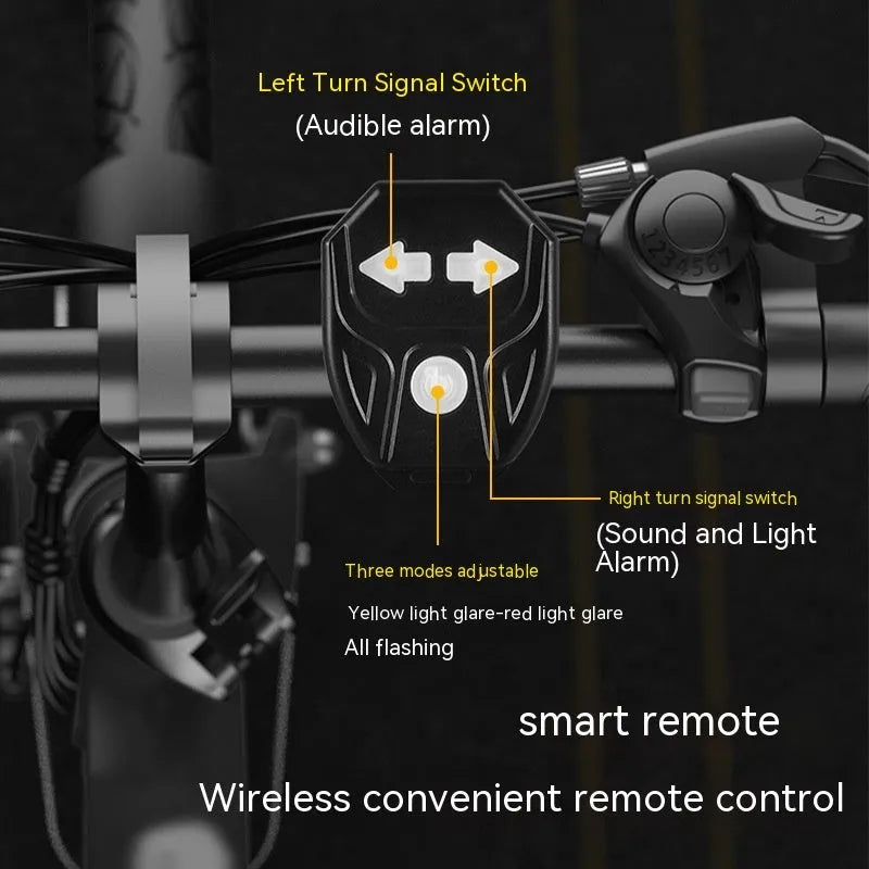 Black wireless remote control bicycle taillight with turn signals and USB charging cable