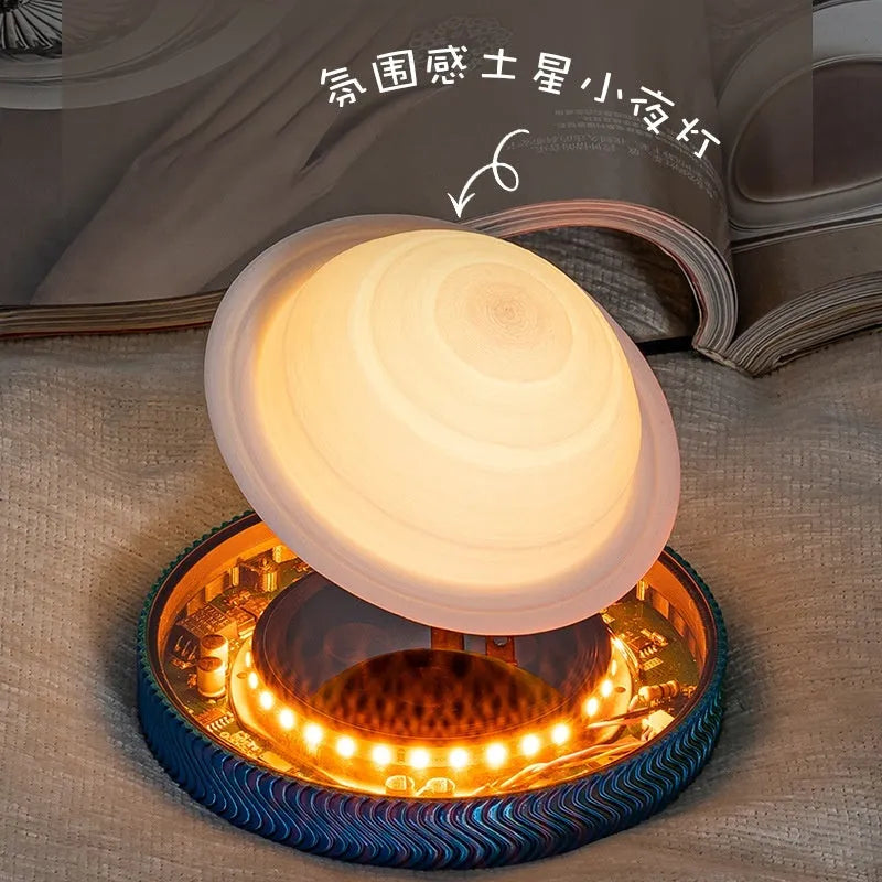Magnetic suspension moon lamp floating above surface with 3D-printed celestial design