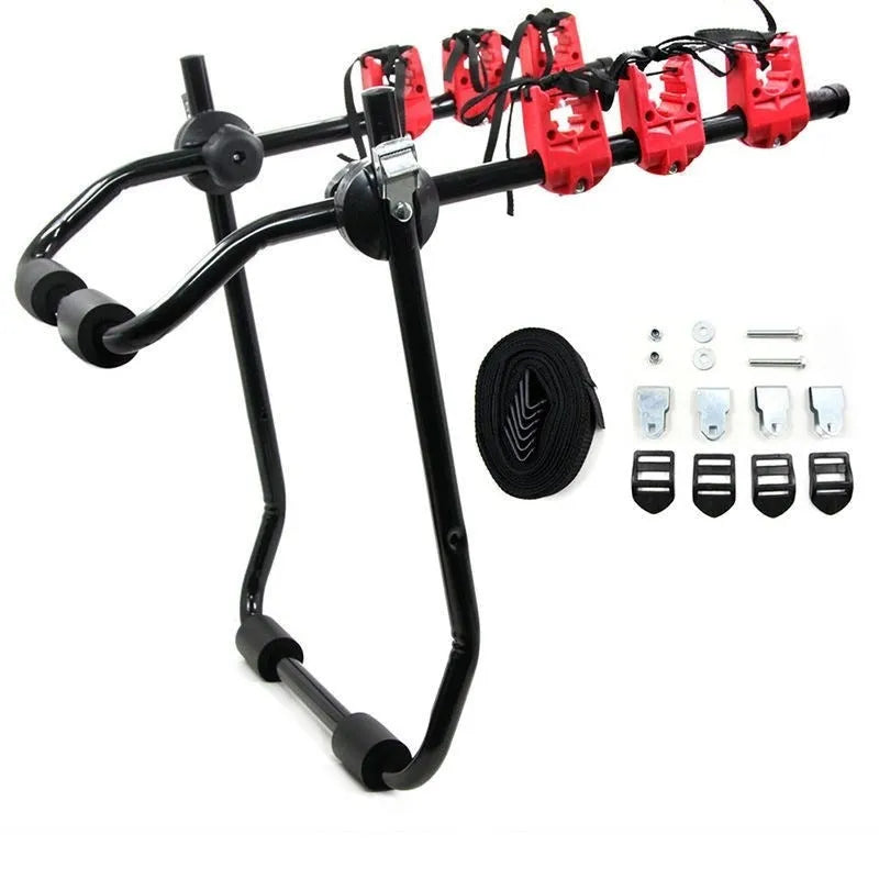 Black and red boot mounted bike holder rack with iron frame and sponge padding.