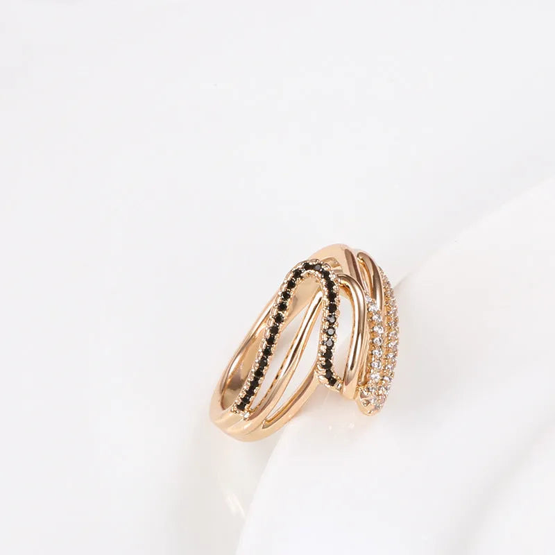 Fashion personality ring with micro-inlaid zircon detailing on copper with electroplated WK2230 finish.