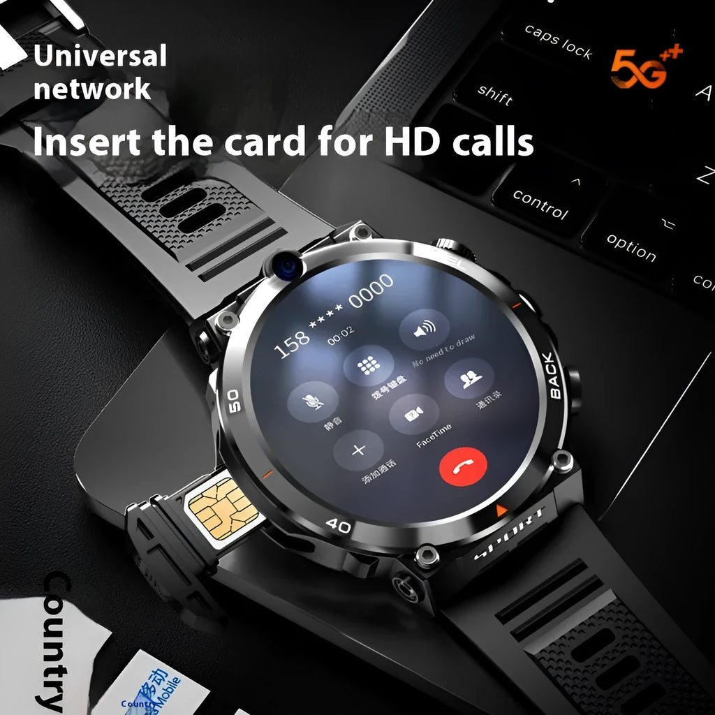 Multi-functional sports smartwatch with dual cameras on the wrist, showing a TFT touch screen display.