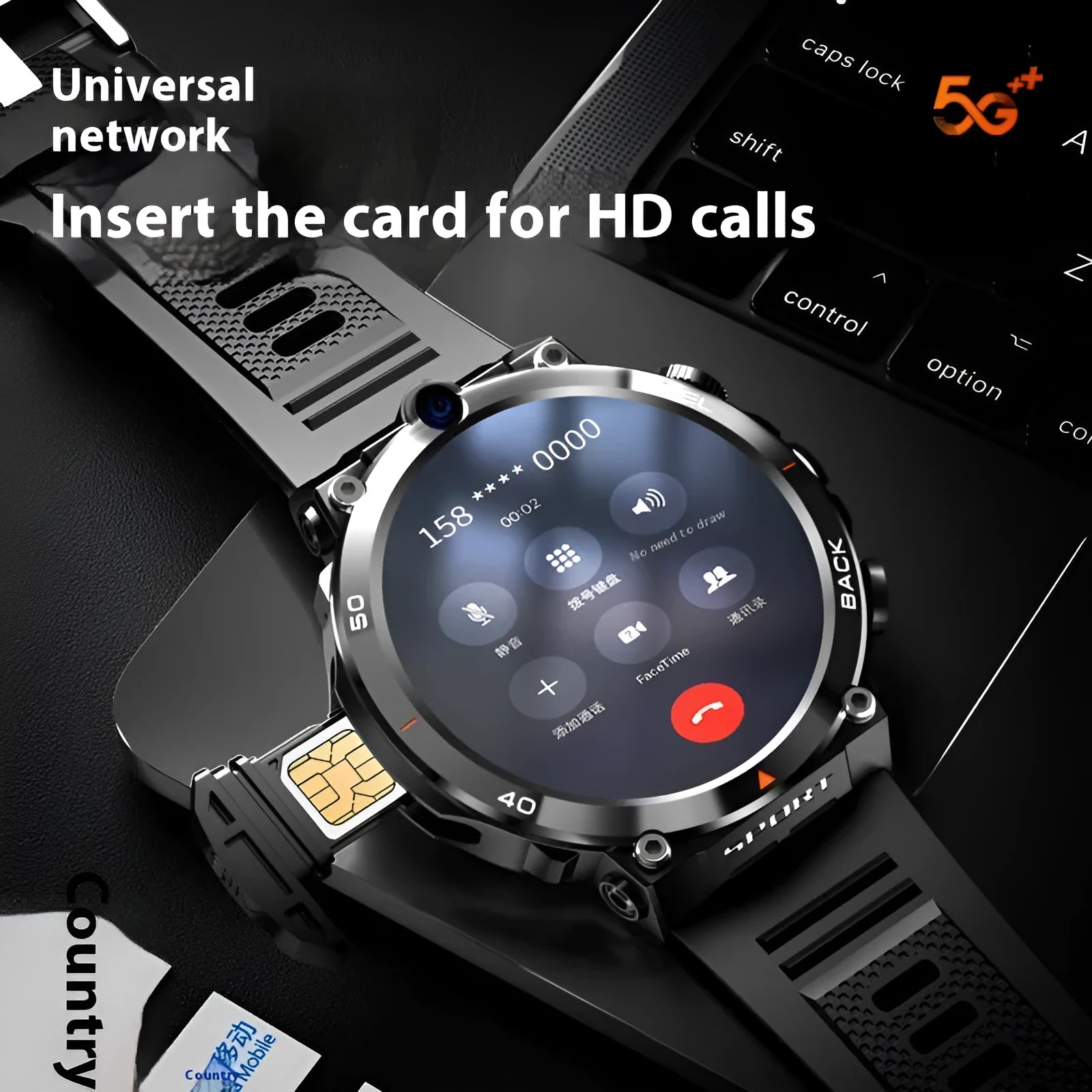 Multi-functional sports smartwatch with dual cameras on the wrist, showing a TFT touch screen display.