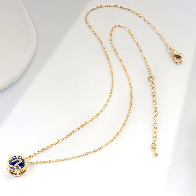 Gold twelve constellations necklace with copper zodiac pendant on clavicle chain