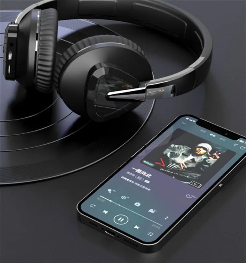 Wireless headset with subwoofer in black, white, blue, or khaki colours showing all-inclusive ear design