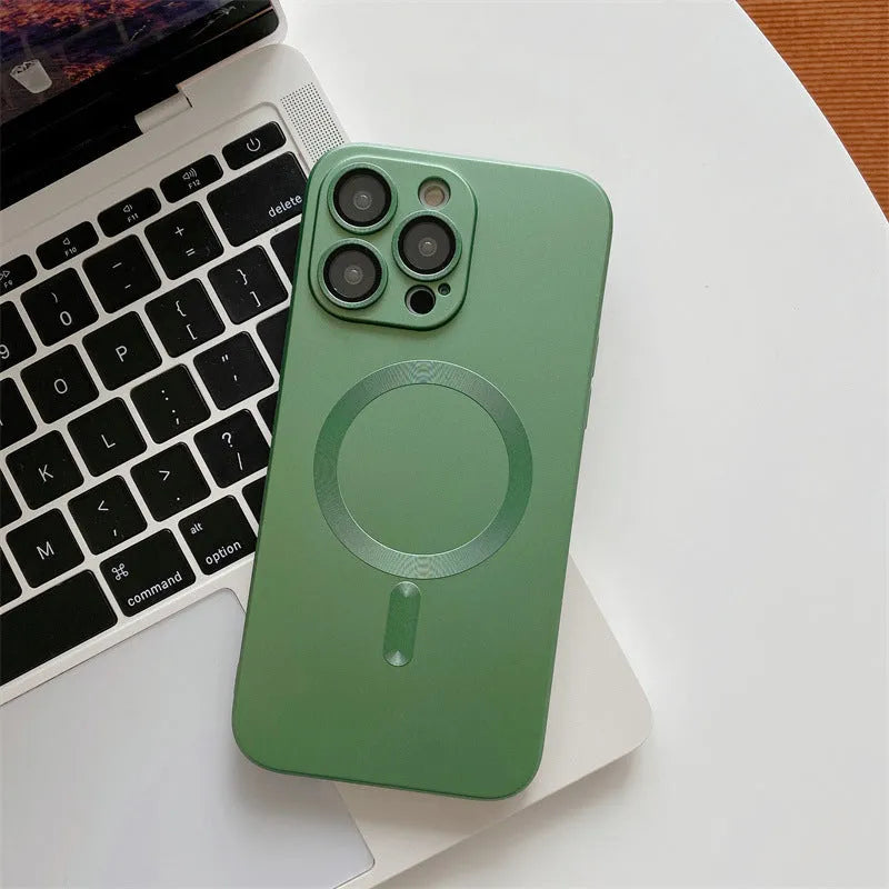 Aluminium alloy frame iPhone protective case with magnetic nickel piece, shown in dark purple colour.