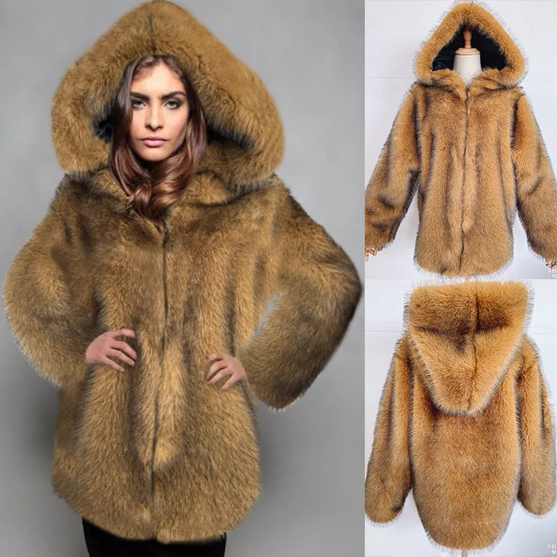 Women's loose-fitting silver grey artificial fur mid-length coat on a hanger.