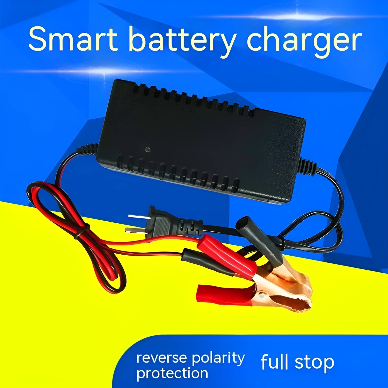 12V 3A lead acid battery charger for motorcycle and car, showing American and European plug options.
